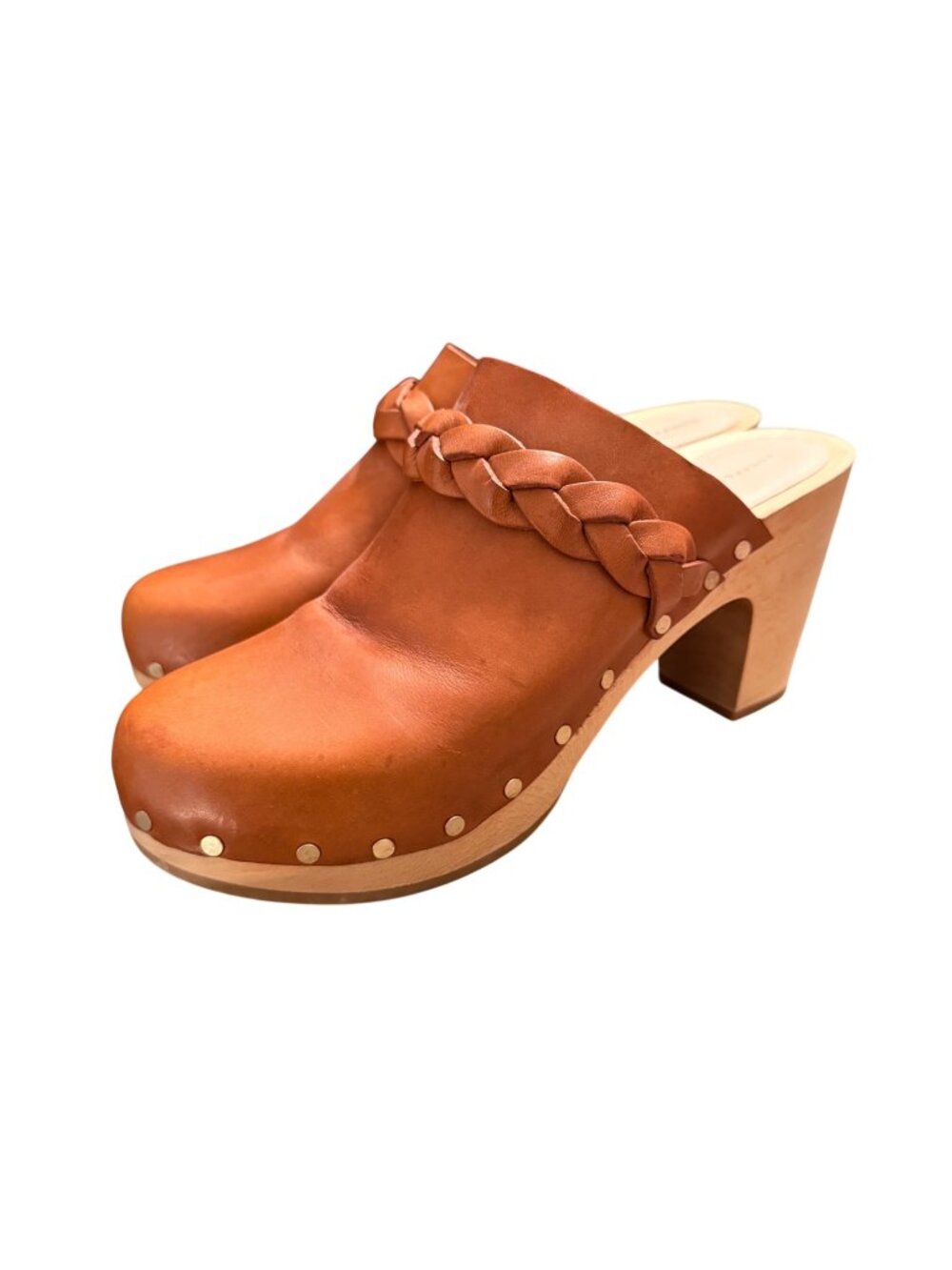 Loeffler Randall Tan Leather Braided Strap Mule Clog Shoes Womens Size 8.5